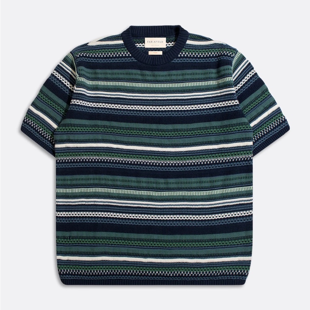 Far Afield Newport Knitted Top Crochet Stripe SS Sweater Blue Green Sz 4 XL